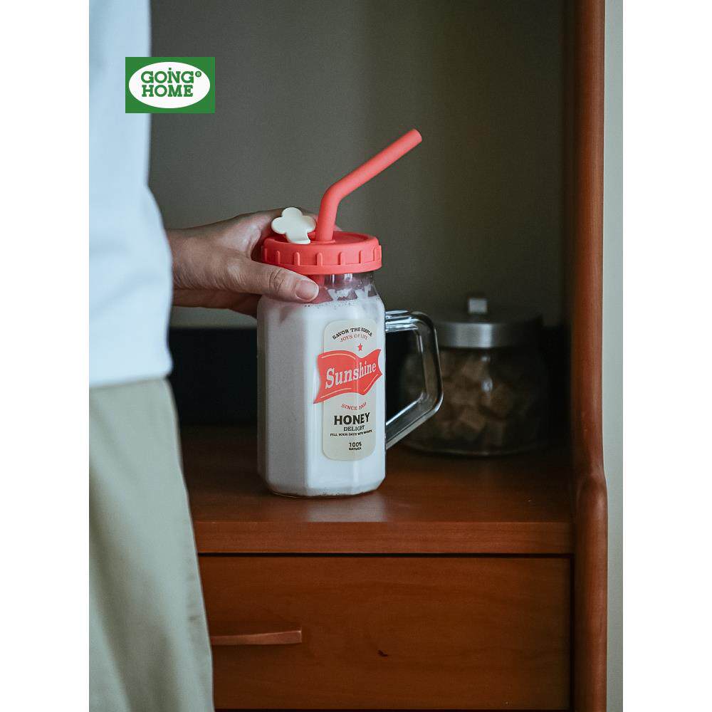 牛奶杯微波炉可加热豆浆杯早餐杯高颜值耐热玻璃吸管杯带把手带盖