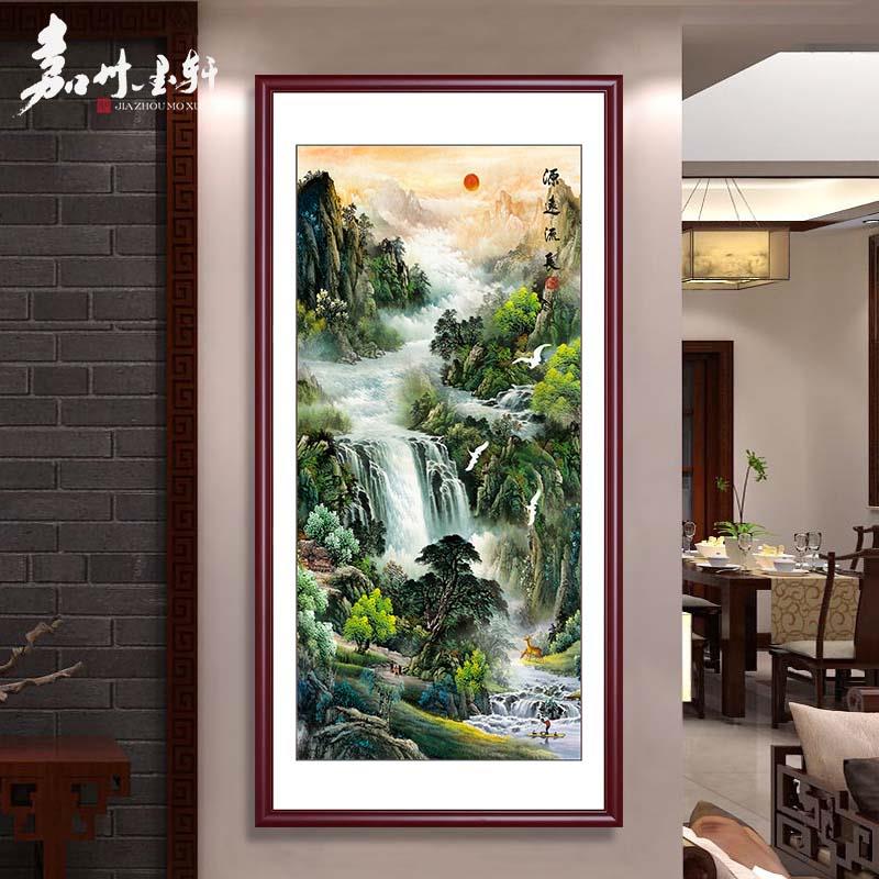 玄关山水画竖版装饰画走廊过道风水招财进门中堂客厅挂画中式壁画
