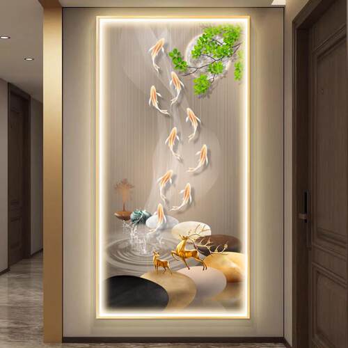 轻奢九鱼聚财玄关装饰画竖版玄幻挂画客厅走廊过道壁画高级感灯画