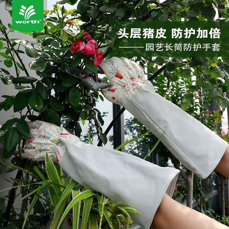 园艺防护长袖手套女生分指耐磨防扎刺月季花修剪手套防磨帆布猪皮
