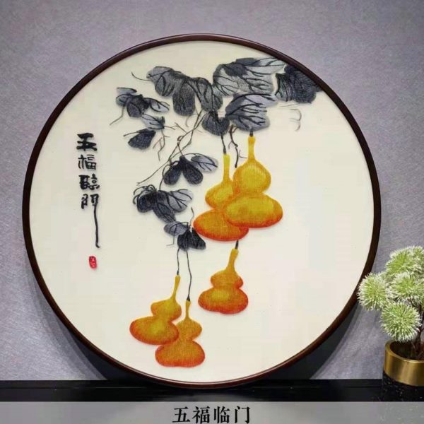 苏州刺绣仿手工走廊玄关书房圆形带框成品装饰画挂画湘绣实木外框图片