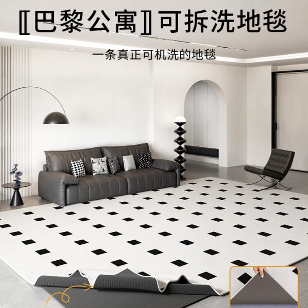 可拆洗地毯客厅2024新款法式轻奢高级黑白格子可机洗卧室沙发地垫