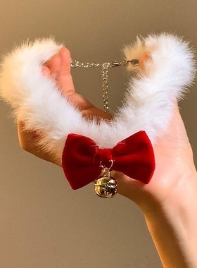 新年圣诞红色蝴蝶结毛绒项链女