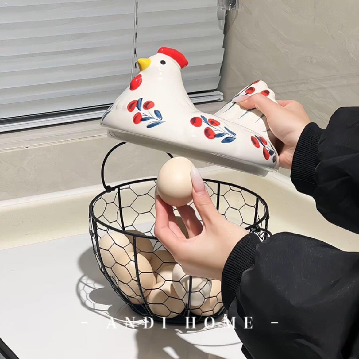 鸡蛋收纳筐厨房铁艺陶瓷收纳篮创意储存水果蔬菜复古整理装饰摆件