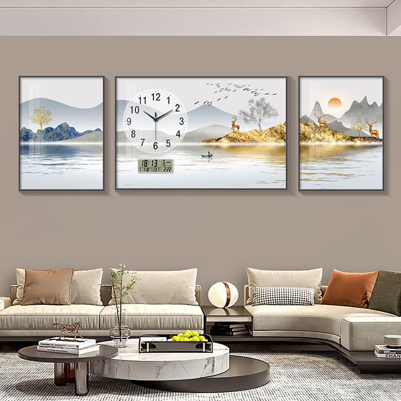 现代简约客厅装饰画带时钟山水招财沙发背景墙挂画钟表挂钟三联画