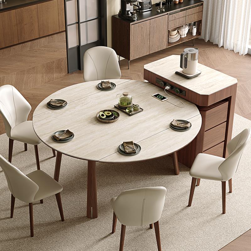 方圆两用岛台餐桌一体可伸缩分离厨房洞石岩板中岛台餐桌可变圆桌