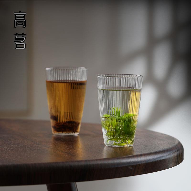 日式绿茶杯专用条纹玻璃杯小号家用待客杯子精致耐热单层喝茶水杯