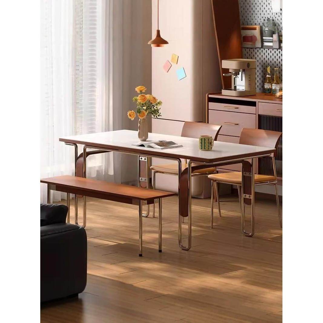 复古岩板实木餐桌家用小户型包豪斯高端长方形中古风家具饭桌椅子