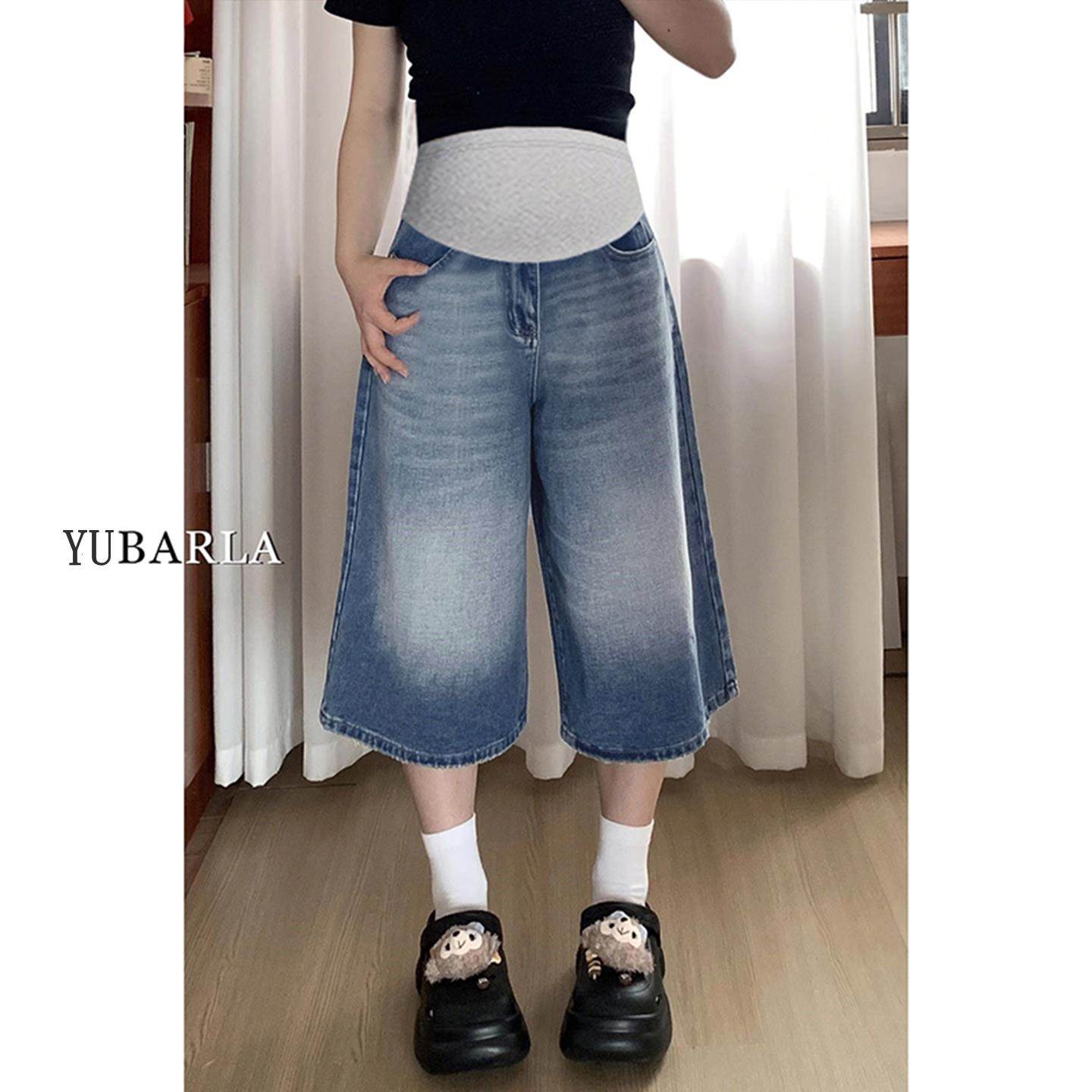 孕妇牛仔七分裤夏季外穿薄款短裤不勒肚子托腹打底阔腿裤2025新款