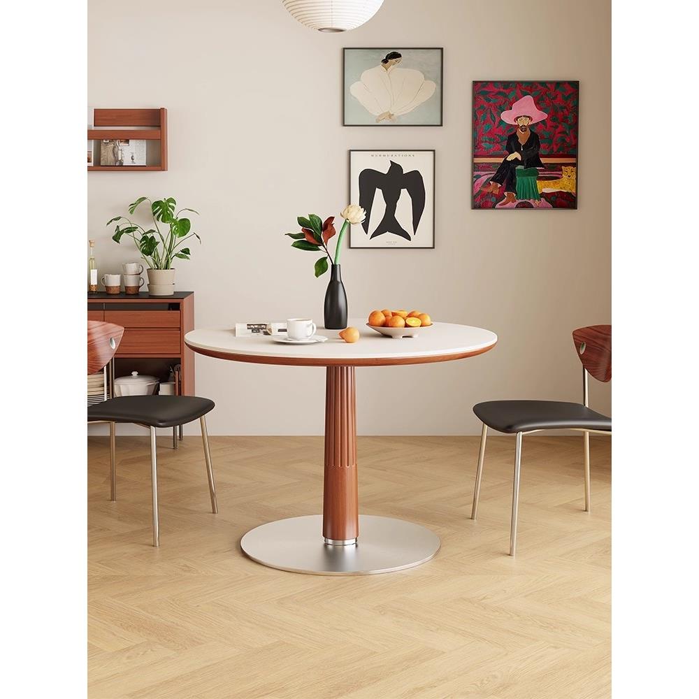 龙禾北欧实木岩板圆桌中古风家用小户型简约餐厅饭桌子餐桌椅组合