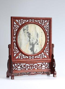 红木屏风酸枝木雕嵌天然大理石插屏台屏明清桌面玄关供桌条案摆件
