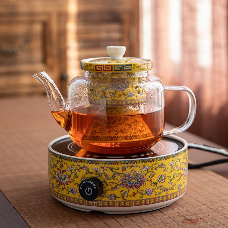 珐瑯彩玻璃煮茶器套装网红茶具蒸煮茶壶陶瓷黑晶炉耐热蒸汽壶家用