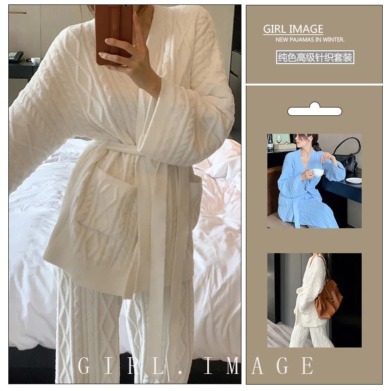 提花针织长袖睡衣女冬季加厚高级纯色睡袍长裤家居服冬天浴袍套装