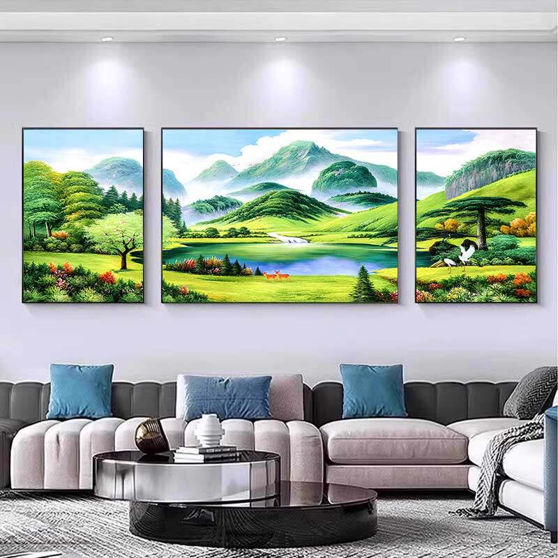 山水画客厅装饰画三联画大气2025新款现代简约挂画沙发背景墙壁画