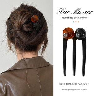 新型中国风三齿珠u型发夹,适用于女性日常工作服球头发夹