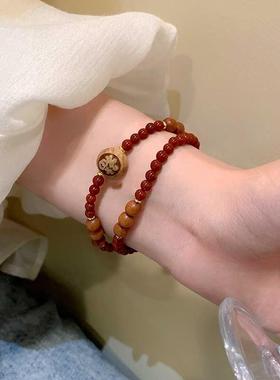 新中式平安福牌檀木手串女款招财转运珠红玛瑙手炼配饰小众高级感