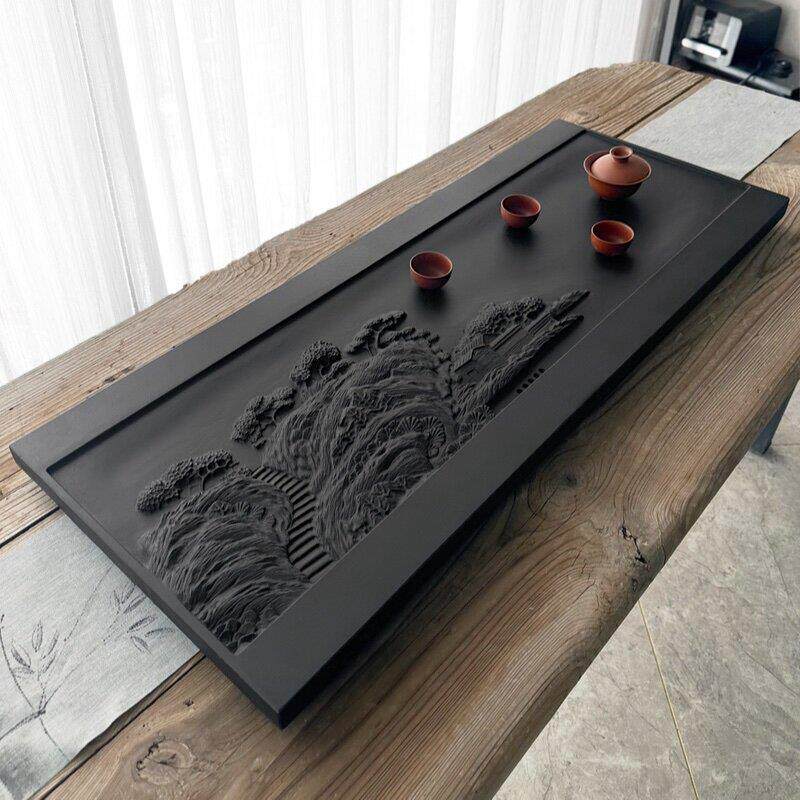 手工山水画雕刻创意乌金石家用茶盘石头茶台石材茶海整块排水托盘