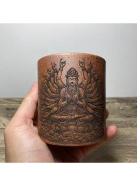强烈推荐 柴烧 心经 千手观音 直筒杯 主人杯220毫升 宜兴紫砂
