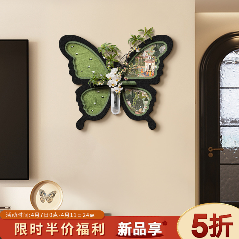 中古风水培电视背景墙装饰画法式蝴蝶客厅挂画立体砂岩肌理感壁画图片
