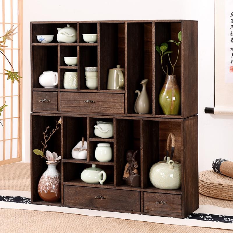 实木覆古茶杯架子茶杯架茶具桌面收纳柜置物架书架茶室抽屉整理盒