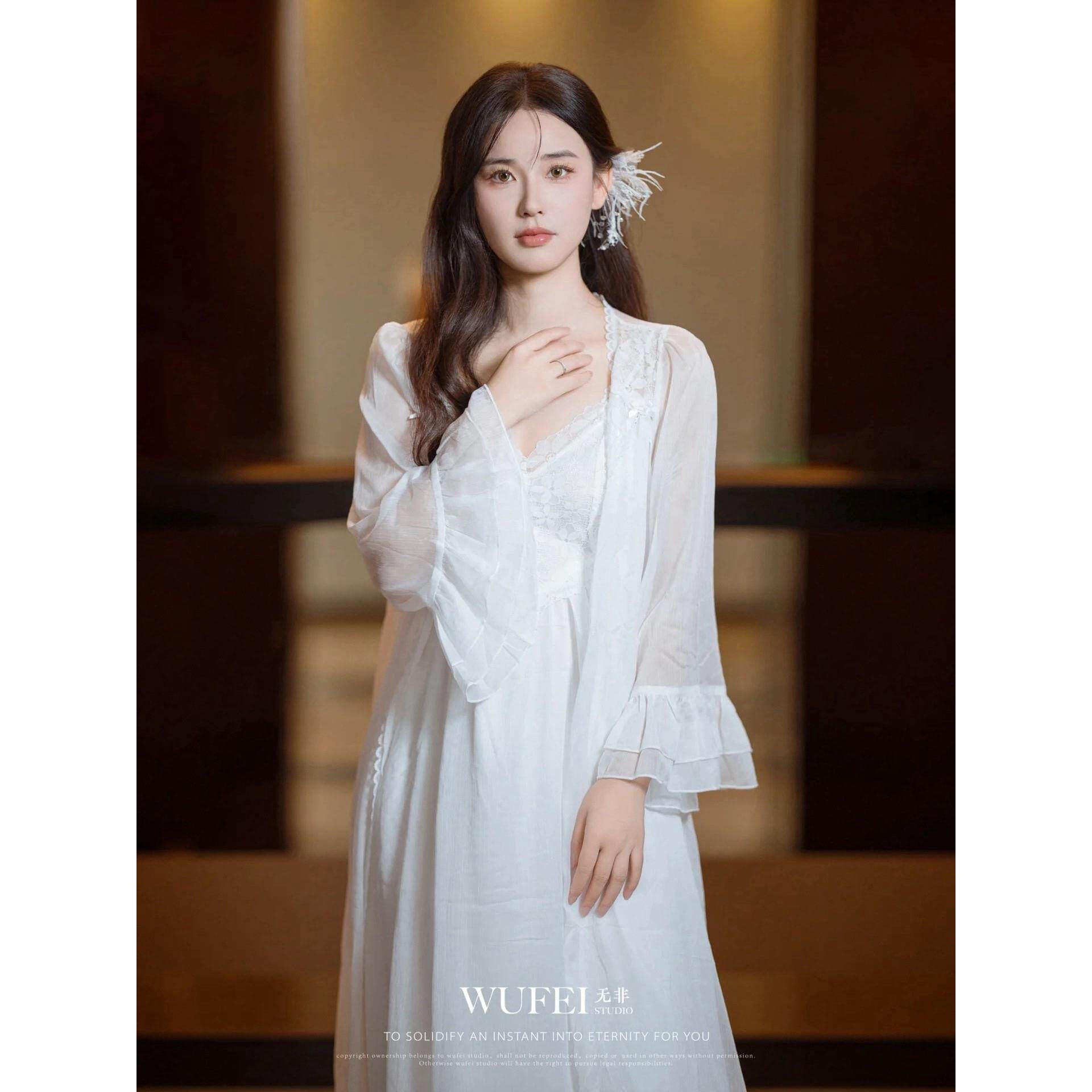 夜莺 法式晨袍女新娘高级感小众轻婚纱白色睡袍吊带睡裙结婚睡衣