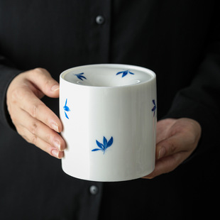 羊脂玉白瓷手绘兰花建水茶渣桶家用带盖茶洗陶瓷创意防飞灰烟灰缸