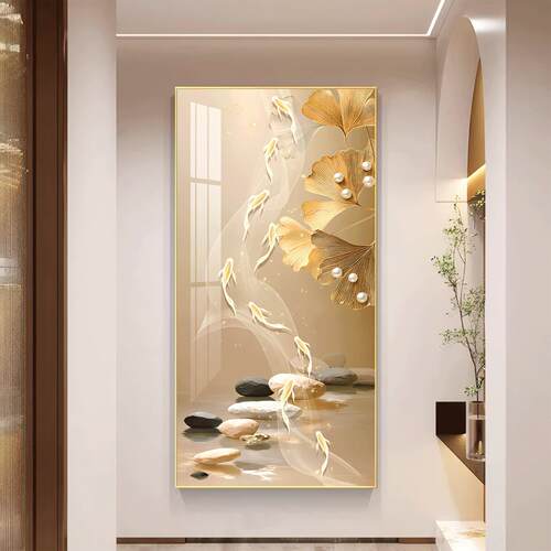 九鱼图轻奢简约现代高档入户玄关装饰画走廊过道挂画西墙聚财壁画