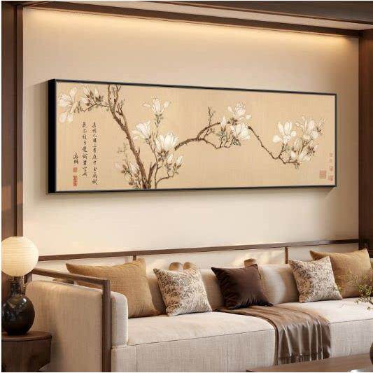 玉兰花挂画客厅沙发背景墙装饰画中式卧室床头画宋氏美学花卉壁画