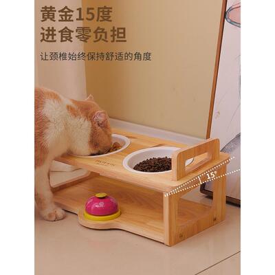 陶瓷猫碗双碗高脚斜口保护颈椎实木架防打翻猫咪饭碗食盆宠物用品