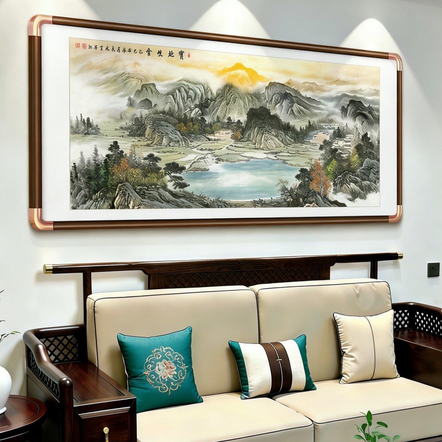聚宝盆山水画客厅挂画西墙聚财新中式沙发背景墙装饰画办公室壁画