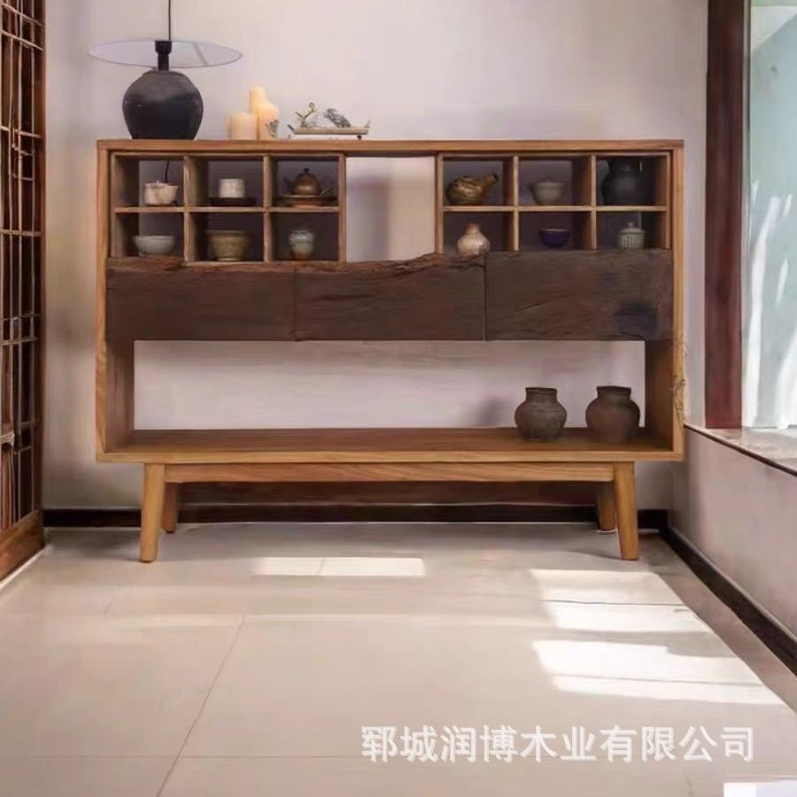 老榆木边柜实木茶杯架民宿复古餐边柜茶具收纳展示柜储物高脚柜子