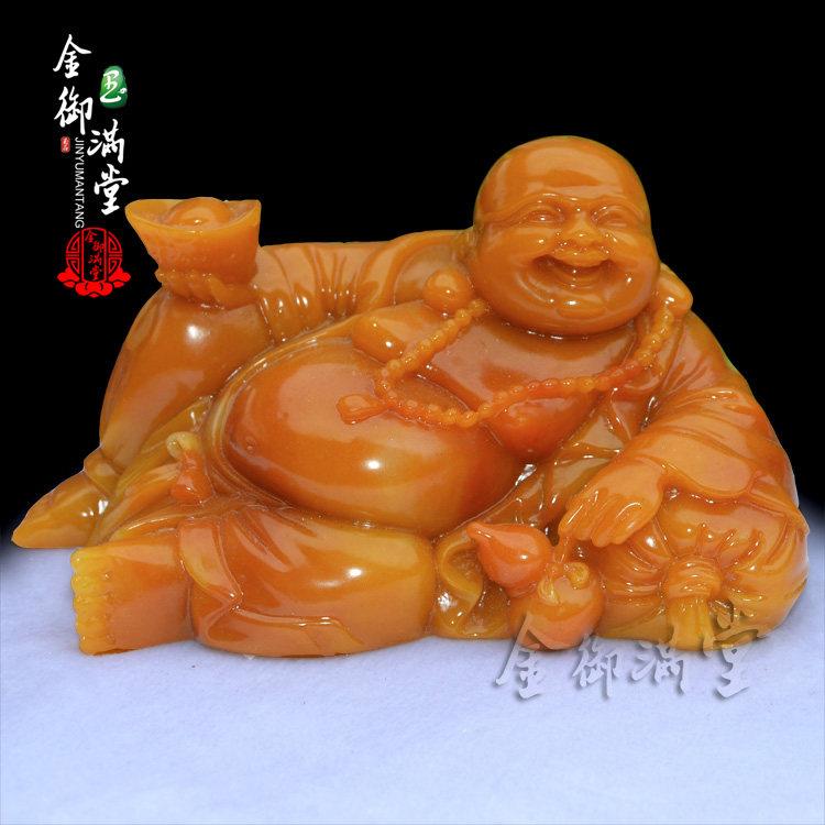 彷古米黄玉弥勒佛像卧佛招财元宝摆件保平安玉石居家车摆装饰品