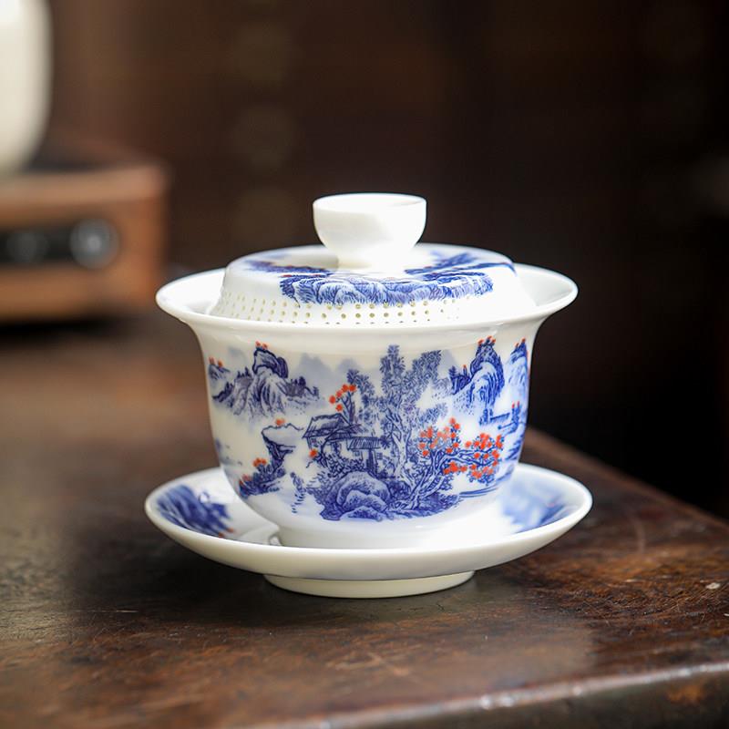 悬停盖碗茶碗小号茶具青花瓷泡茶碗套装陶瓷白瓷功夫三才碗单个