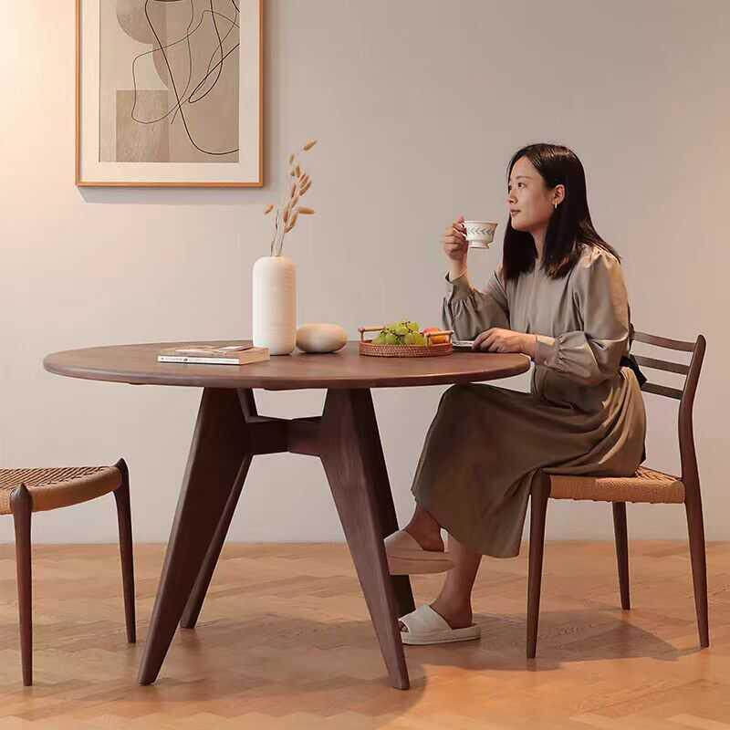 北欧圆形白蜡木红橡木黑胡桃木餐桌实木圆桌简约覆古饭咖啡洽谈桌