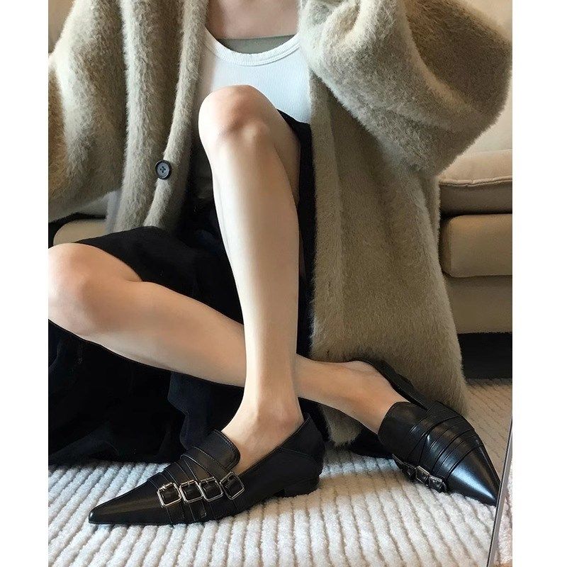 羊皮版!网红时尚皮带扣黑色尖头小皮鞋女小众设计感深口单鞋粗跟,女鞋,深口单鞋,淘宝优惠券,粉丝福利购,淘宝优惠卷