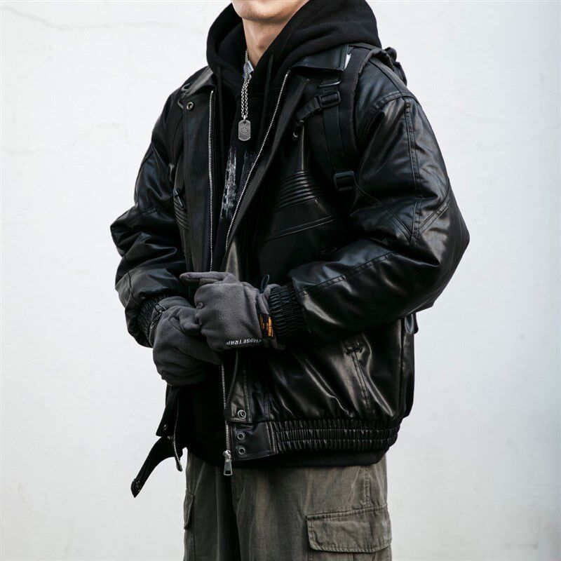 秋冬溜街防风服 美式复古皮衣加厚MA1飞行夹克潮牌工装棉服男外套