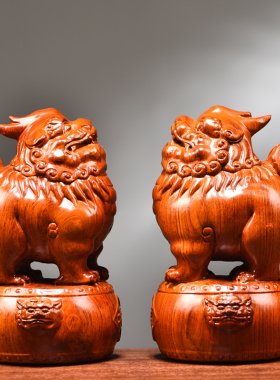 花梨木雕福貔貅摆件一对实木家居客厅新居乔迁办公装饰中式工艺品