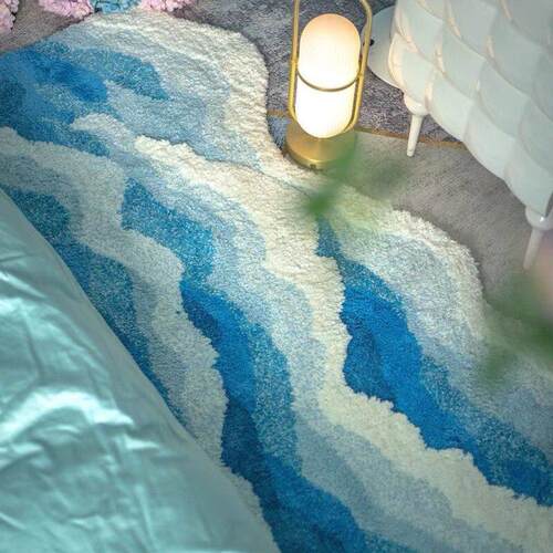 海浪植绒地毯卧室浪花加厚床边毯家用客厅防滑毛绒地垫阳台飘窗垫