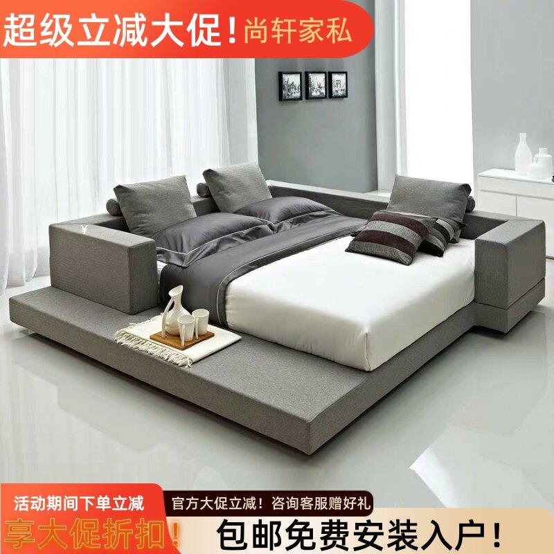 北欧布艺床实木婚床主卧榻榻米床现代简约科技布床双人超大床ins