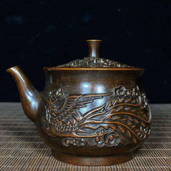古玩收藏纯铜龙凤茶壶水壶酒壶铜器工艺品家居办公室吧台装饰摆件