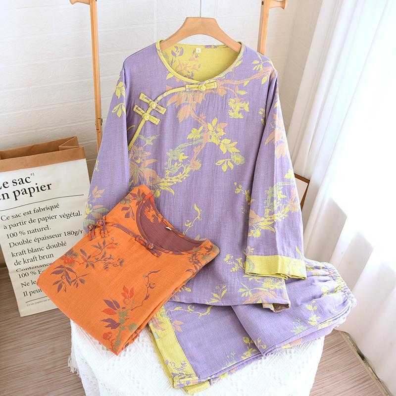 新中式国风盘扣睡衣女春秋季纯棉双层纱布复古提花长袖家居服套装