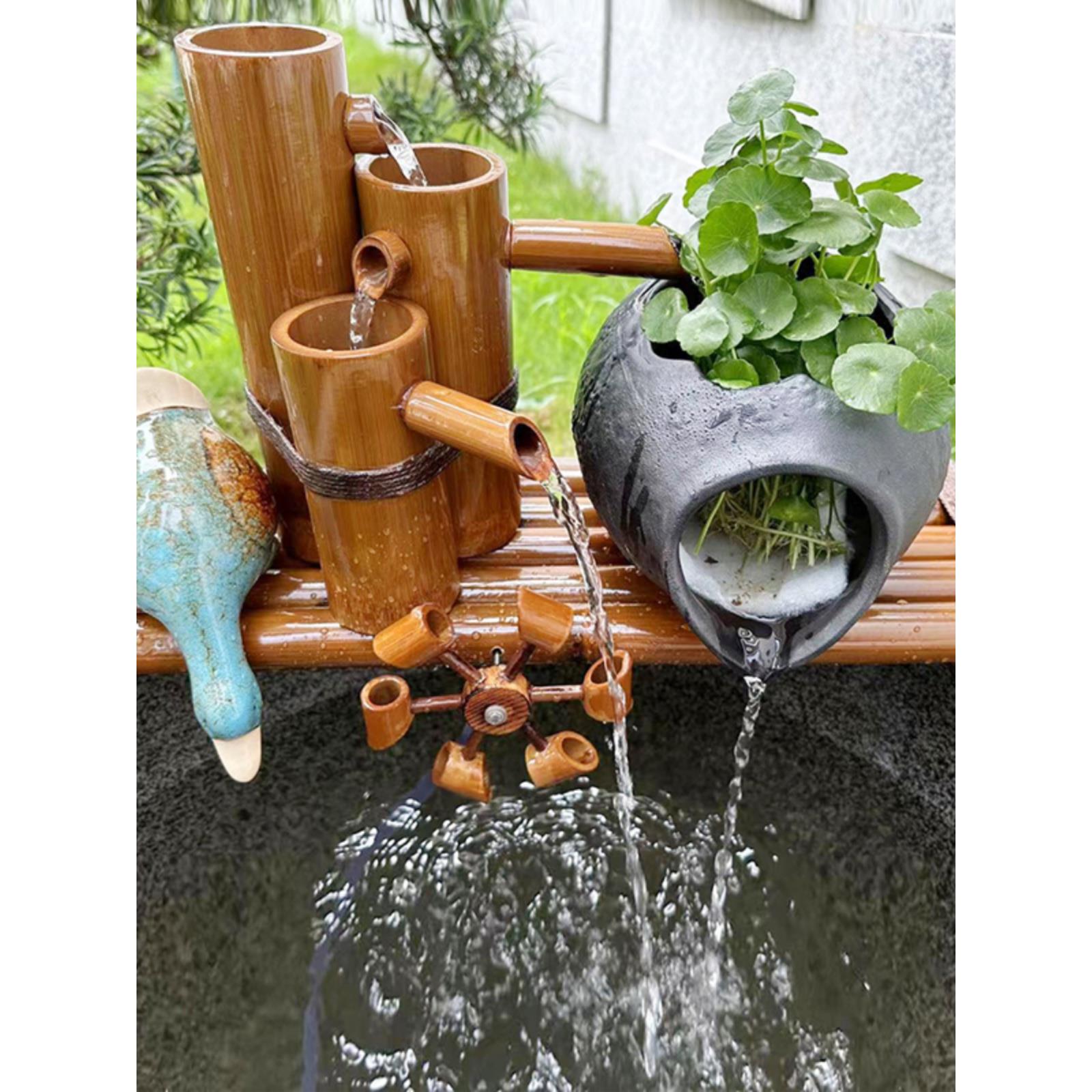 竹子陶罐流水过滤器鱼缸三合一吸粪便养鱼循环系统瓷缸流水增氧器