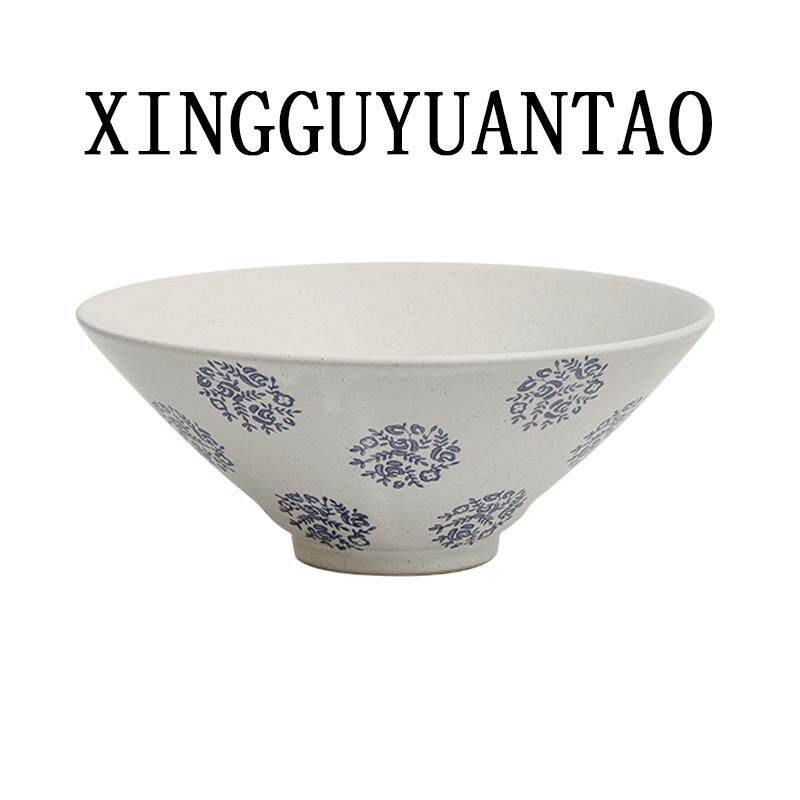 日式青花斗笠碗高级感家用覆古10英寸大汤碗手工粗陶餐厅面馆粉碗