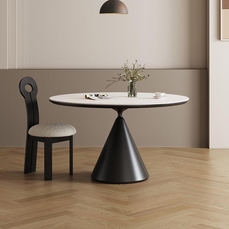 全托岩板圆形餐桌现代小户型纯白家用圆桌德利丰黑色带转盘餐桌椅