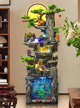 中式假山流水喷泉摆件客厅风水轮生财装饰高山循环水景落地加湿器