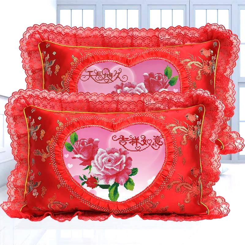 新款印花十字绣枕头套一对自己绣结婚枕床上双人枕情侣中式长抱枕