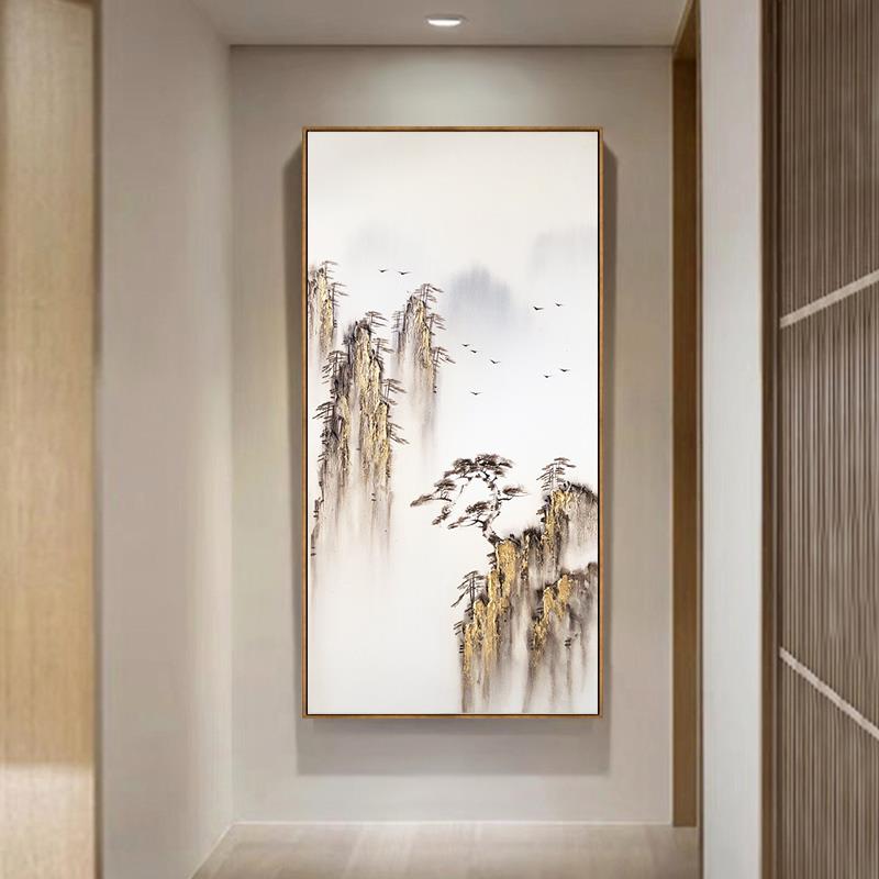 37N新中式玄关装饰画手绘油画楼梯过道竖挂画好寓意别墅挑高壁画图片