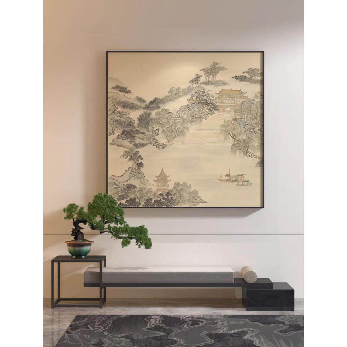 新中式玄关装饰画客厅山水风景抽象壁画中国风餐厅卧室正方形挂画