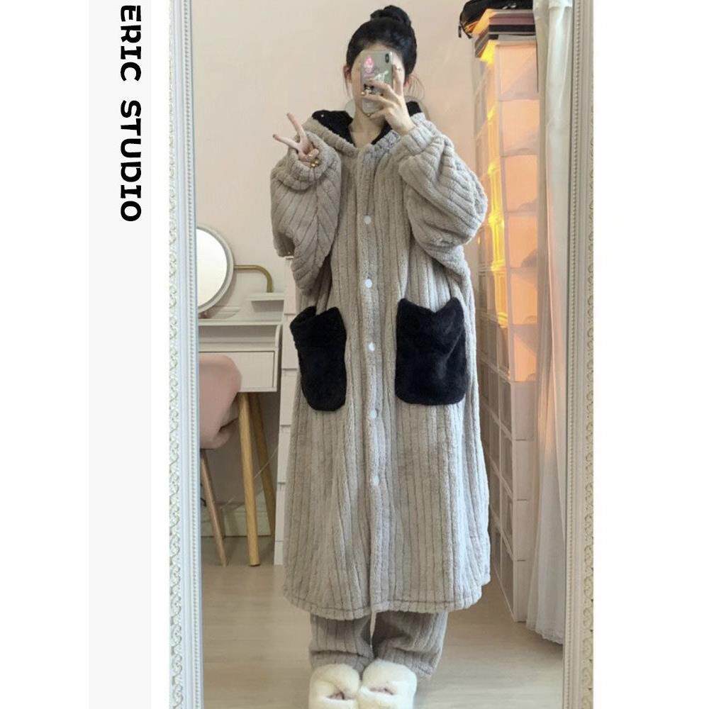 可爱珊瑚绒睡袍女款睡衣2025冬季新款长款加绒加厚保暖家居服套装