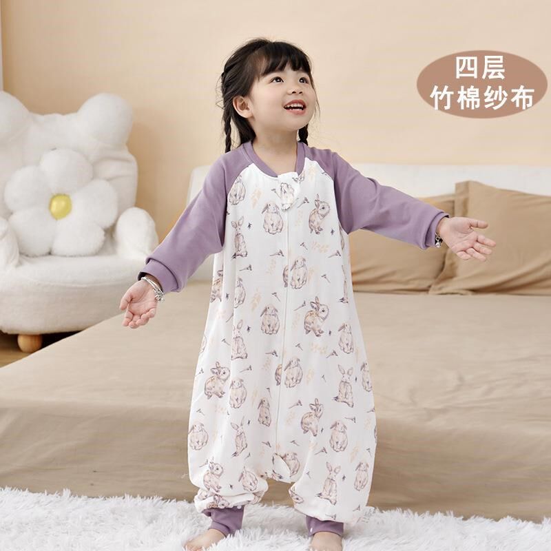 竹棉婴儿睡袋秋冬季大童儿童防踢被宝宝长袖分V腿卡通连体衣